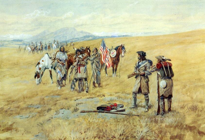 captain lewis meeting the shoshones 1903 Charles Marion Russell American Indians Oil Paintings